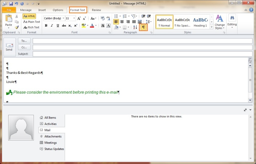 how to remove paragraph symbols in outlook 2010