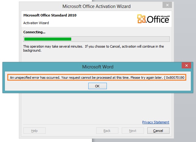 office 2010 standard will not activate